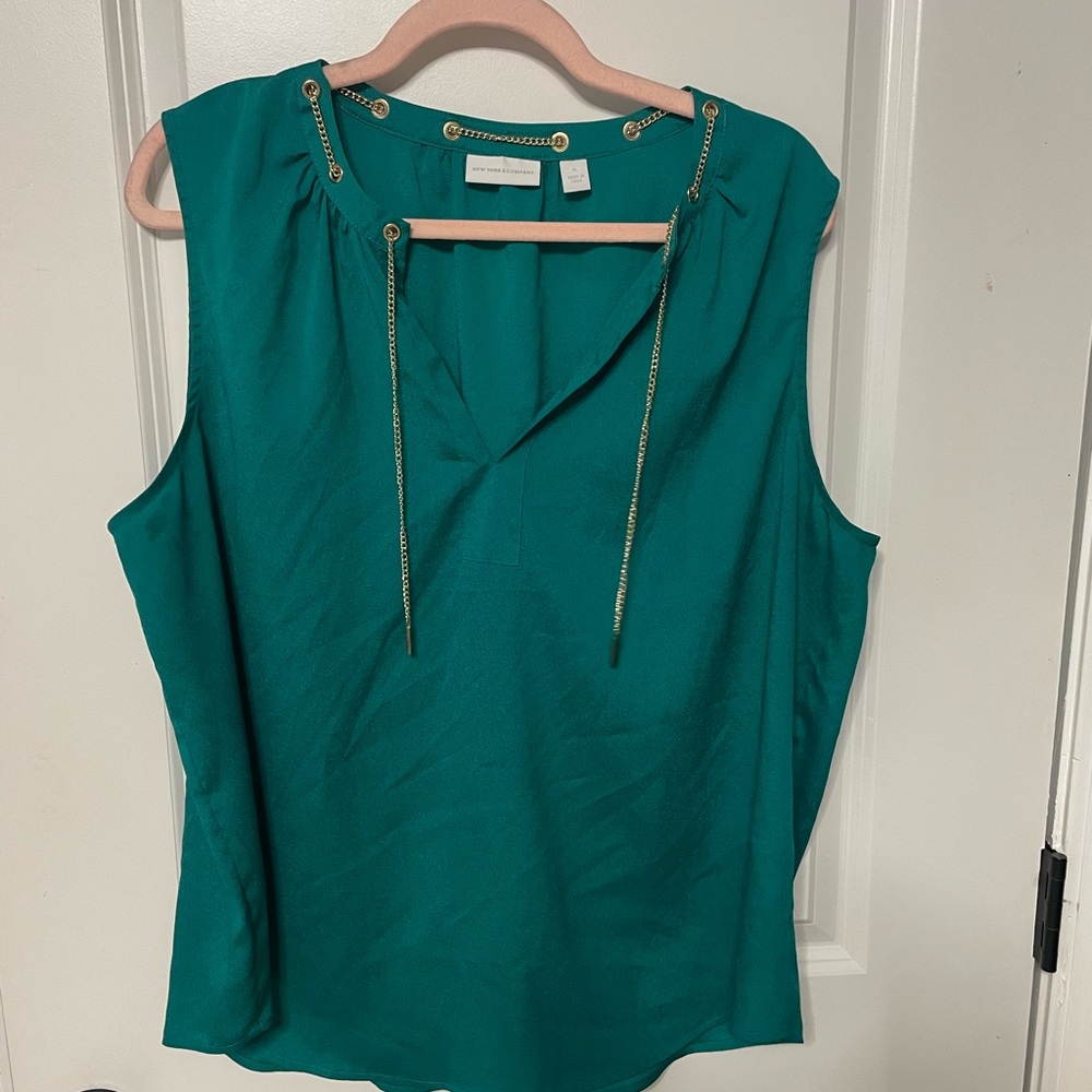 New York & Company Teal Blouse with Chain Accents